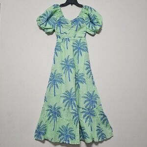 JMarie Women Dress XS 0/2 Green Tropical Tree Cutout Back Midi Puffed Sleeve 620